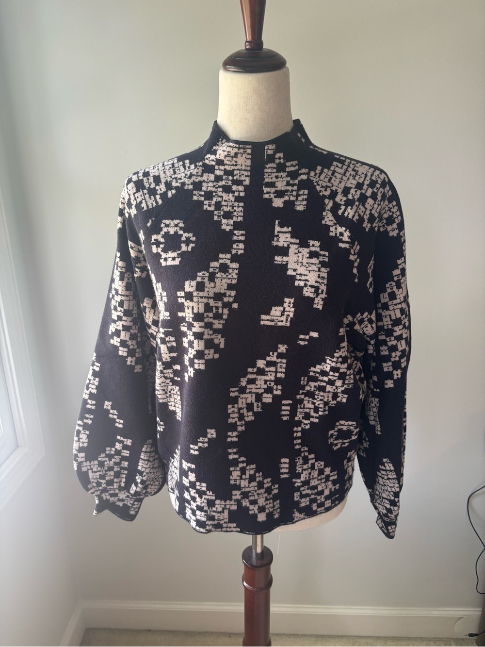By Anthropologie Crewneck Sweater in Black and White Geo Print
